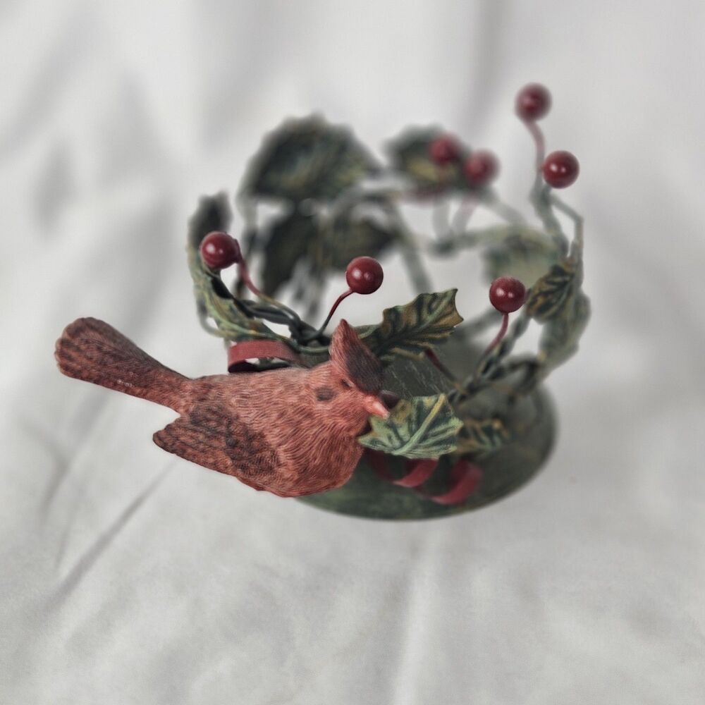Vtg Midwest Metal Candleholder Tapper Cardinal Bird Holly Branches Berries